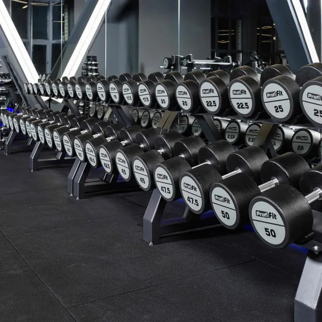 Гантельный ряд полиуретановый (шаг 2,5 кг, 5 пар) PROFI-FIT 40-50 кг, фото 3